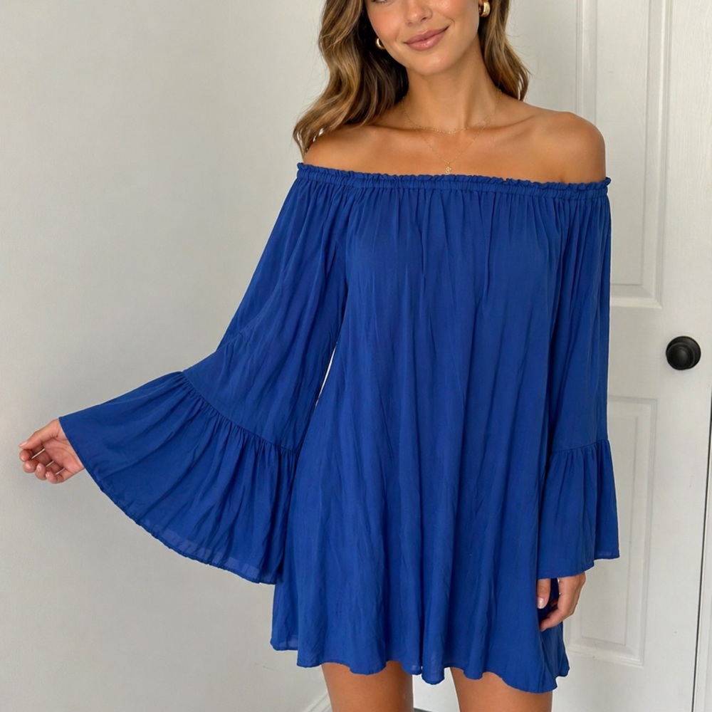 Venus Blue Off Shoulder Bell Sleeve Mini Dress